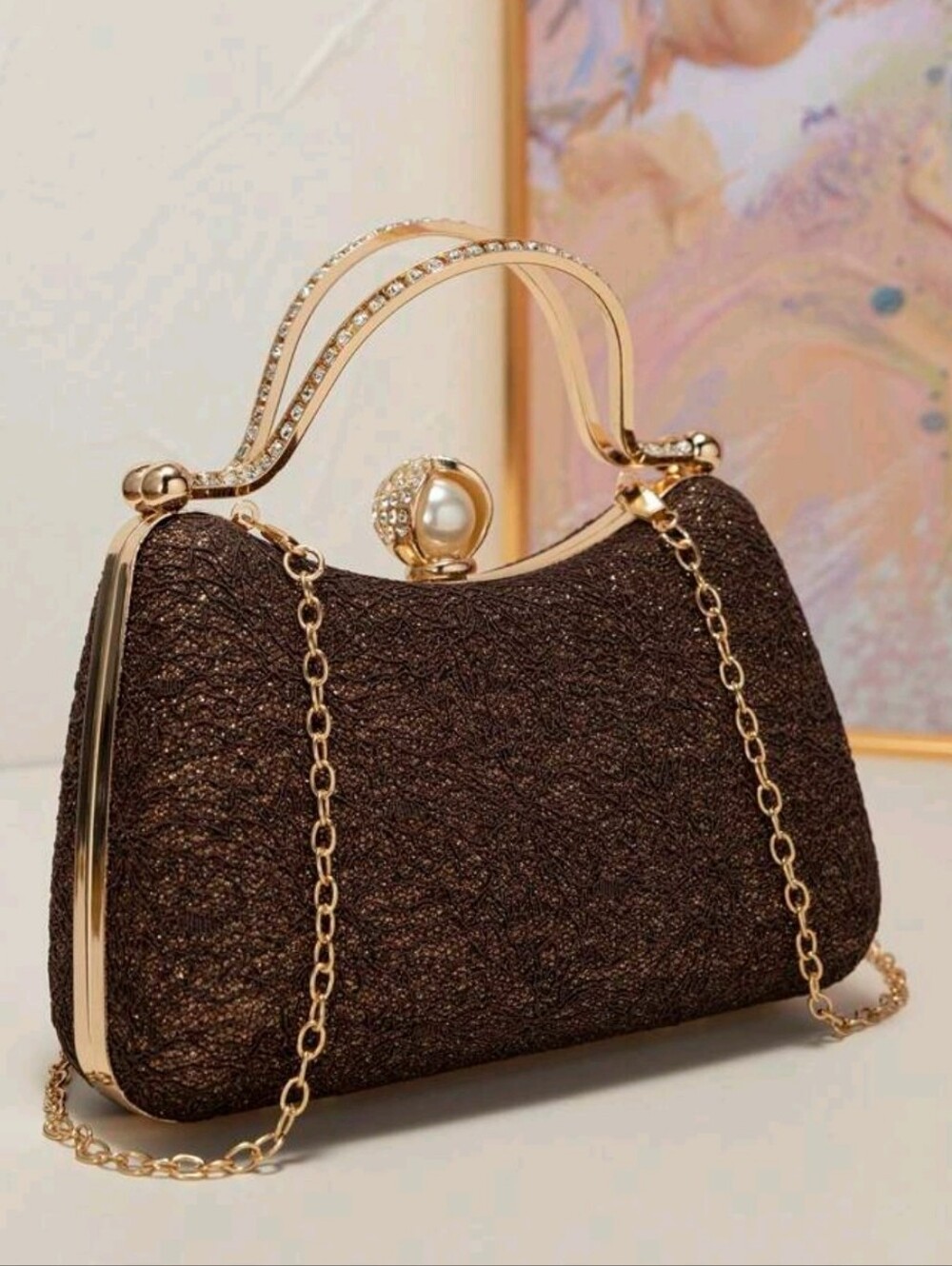 Elegant Brown Glitter Evening Clutch Handbag